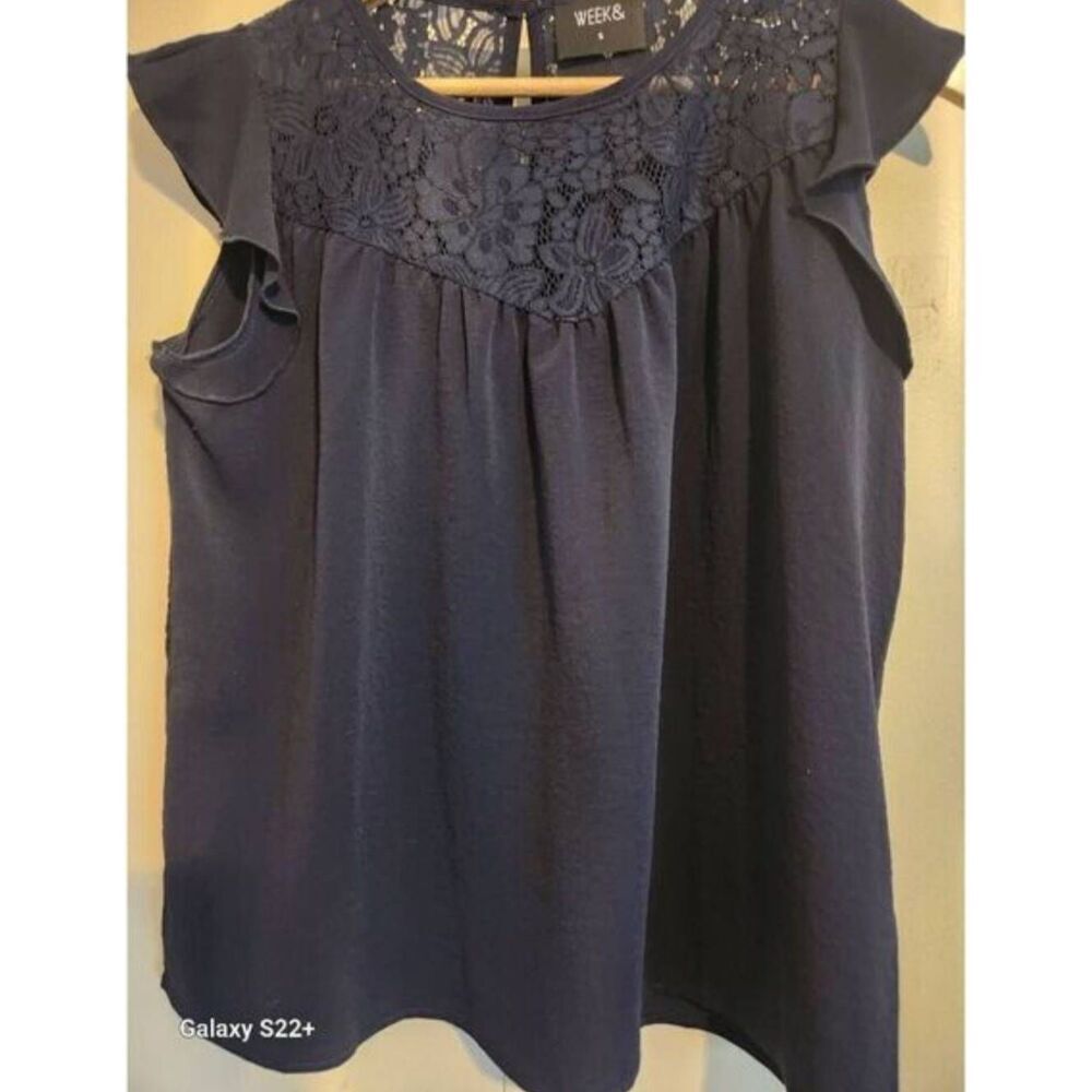 T37 Week& navy blue blouse with lace yoke  button keyhole closure